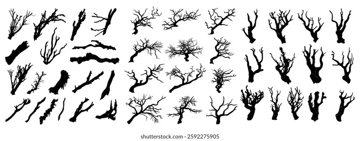 Silhouette collection showing gnarled, dry tree branches with intricate details, offered on a transparent backdrop for design purposes