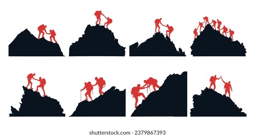 Silhouette collection of team together reaching the top of mountain peak. Teamwork, togetherness, success, victory, goal, achievement. Vector illustration concept