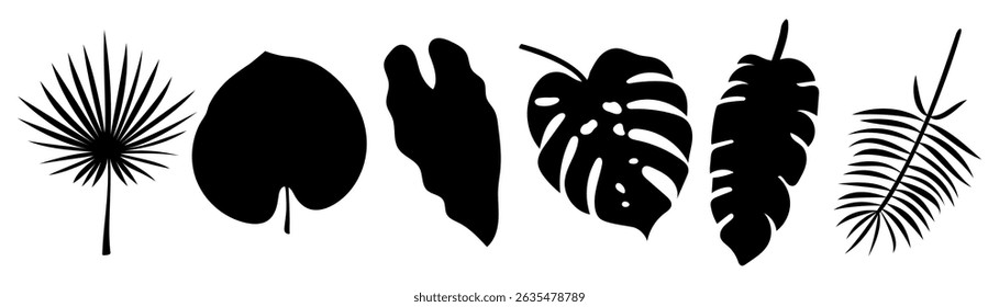 Silhouette collection of tropical leaves. Vector set of exotic jungle plant leaves, line art, palm tree, monstera, banana, botanical elements, isolated clipart.