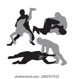 silhouette collection of two wrestlers, Vector flat black and gray shapes, wrestling duel icon