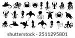 Silhouette collection of underwater marine animals against a white background. Includes a variety of sea creatures, such as octopus, crab, seahorse, and jellyfish. Ocean life set.