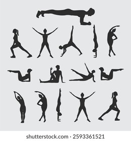 Silhouette Collection of Women Performing Various Yoga and Fitness Poses