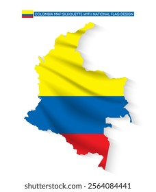 Silhouette of Colombia map filled with the Colombian flag design, representing national pride, cultural heritage, and geographic identity.  
