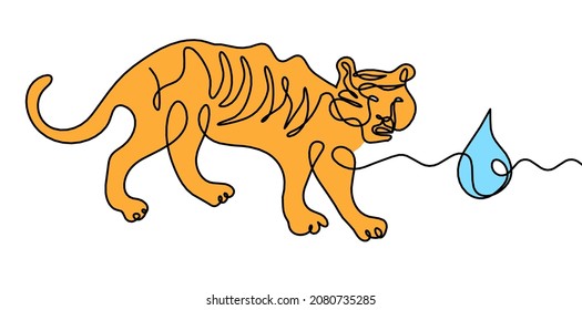 Silhouette of color abstract tiger with element of water (feng shui) as line drawing on white. Vector