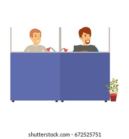 silhouette color cubicles workplace office with male employees vector illustration