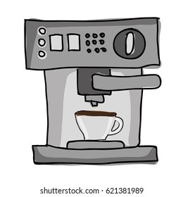 silhouette color hand drawn with coffee maker with porcelain cup in front view vector illustration
