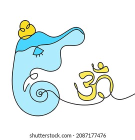 Silhouette of color Lord Ganesha and sign of OM as line drawing on the white background. Vector