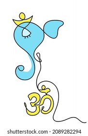 Silhouette of color Lord Ganesha and sign of OM as line drawing on the white background. Vector