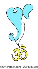 Silhouette of color Lord Ganesha and sign of OM as line drawing on the white background. Vector