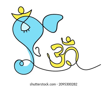 Silhouette of color Lord Ganesha and sign of OM as line drawing on the white background. Vector