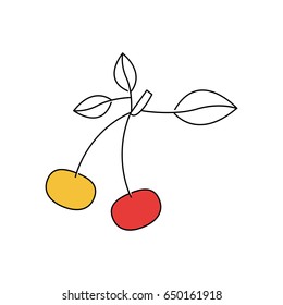 silhouette color section of cherrys with stem and leafs vector illustration