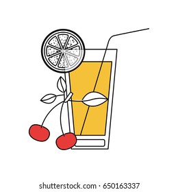 silhouette color section of refreshing drink with lemon slice and cherries vector illustration