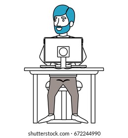 silhouette color sections of bearded man with formal suit and side parted hair and sitting in chair in desk with computer vector illustration