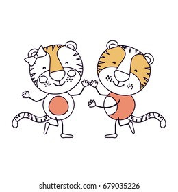 silhouette color sections caricature with couple of tigers dancing vector illustration