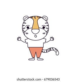 silhouette color sections caricature of cute tiger astonished expression in clothes vector illustration