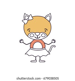 silhouette color sections caricature of cute expression female kitten in skirt with bow lace vector illustration