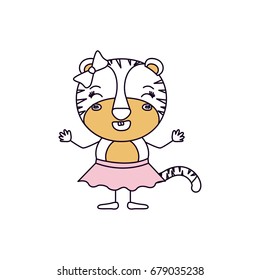 silhouette color sections caricature of female tigress in skirt with bow lace and smiling expression vector illustration