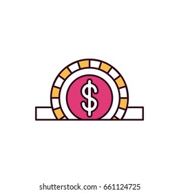 silhouette color sections closeup flat coin with dollar symbol depositing in rectangular slot vector illustration
