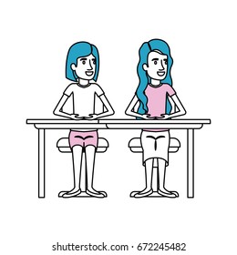 silhouette color sections of couple of women sitting in desk one with short hair and the other with long wavy hair vector illustration