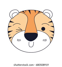 silhouette color sections of cute face of tiger wink eye expression vector illustration