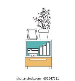 silhouette color sections of decorative cabinet table with books and plantpot vector illustration