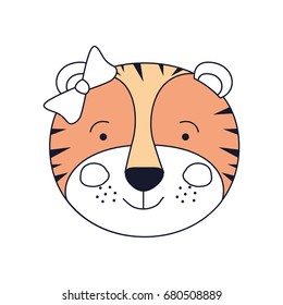 silhouette color sections of face female tigress animal happiness expression with bow lace vector illustration