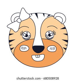 silhouette color sections of face of female tigress animal smiling expression with bow lace vector illustration