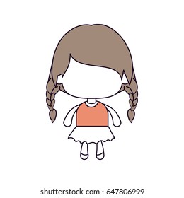 silhouette color sections of faceless little girl with braided hair medium height in light brown vector illustration