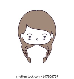 silhouette color sections of facial expression sad kawaii little girl with braided hair in light brown vector illustration