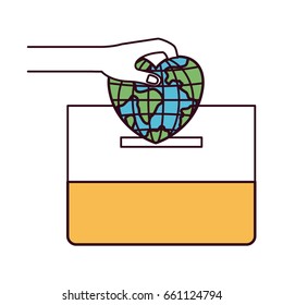 silhouette color sections front view hand with flat globe earth world in heart shape depositing in a carton box vector illustration