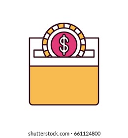 silhouette color sections front view flat coin with dollar symbol depositing in a carton box vector illustration