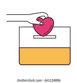 silhouette color sections front view hand with flat heart depositing in a carton box vector illustration