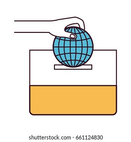 silhouette color sections front view hand with flat globe earth world chart depositing in a carton box vector illustration