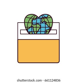 silhouette color sections front view flat globe earth world in heart shape depositing in a carton box vector illustration