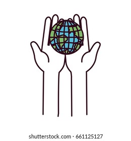 silhouette color sections front view hands holding in palms a earth globe world charity symbol vector illustration