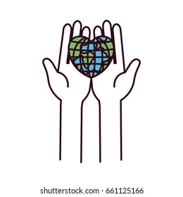 silhouette color sections front view hands holding in palms a earth globe world in heart shape vector illustration