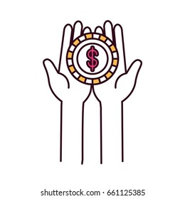 silhouette color sections front view hands holding in palms a coin with dollar symbol vector illustration