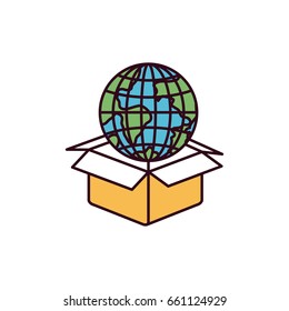 silhouette color sections globe earth world coming out of cardboard box vector illustration