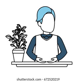 silhouette color sections of half body faceless senior man assistant in desk in coat vector illustration