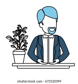 silhouette color sections of half body faceless van dyke beard man assistant in desk in jacket vector illustration
