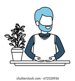 silhouette color sections of half body faceless bearded man assistant in desk in formal suit vector illustration