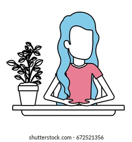 silhouette color sections of half body faceless woman assistant in desk with long wavy hair vector illustration