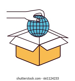 silhouette color sections hand holding a globe earth world chart to deposit in cardboard box vector illustration