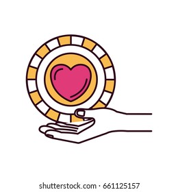 silhouette color sections hand palm giving a coin with heart shape inside charity symbol vector illustration
