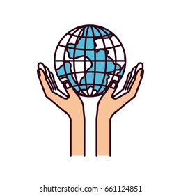 silhouette color sections hands with floating earth globe world charity symbol vector illustration