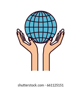 silhouette color sections hands with floating globe chart charity global symbol vector illustration