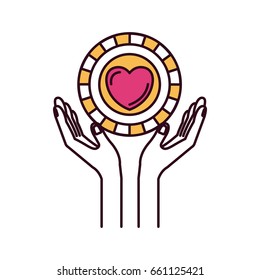 silhouette color sections hands with floating coin with heart shape inside charity symbol vector illustration