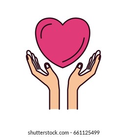 silhouette color sections hands with floating heart charity symbol vector illustration