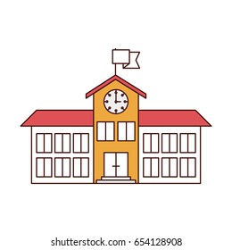 silhouette color sections of high school structure with clock and flag vector illustration
