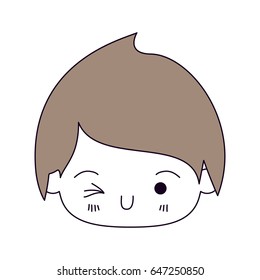 silhouette color sections and light brown hair of kawaii head of little boy winking eye vector illustration